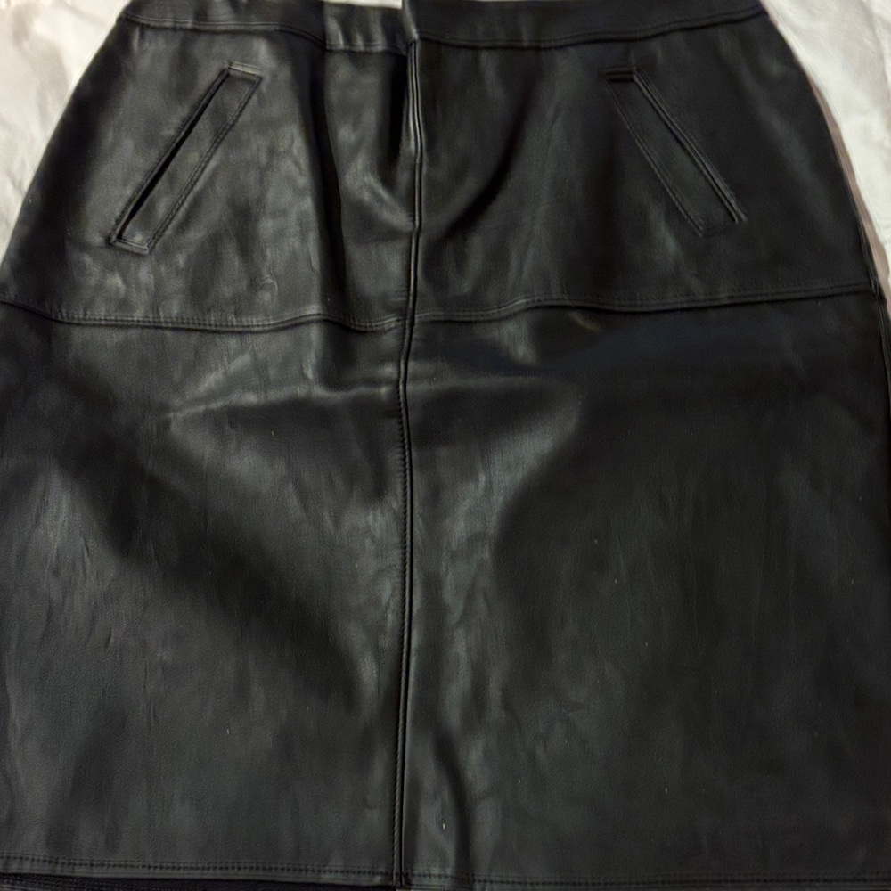 CAbi Black Faux Leather Pencil Skirt with Front Pocket Details